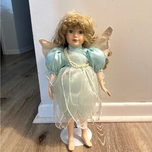 Vintage 16” porcelain Angel/Fairy Doll with Blue Dress and Wings